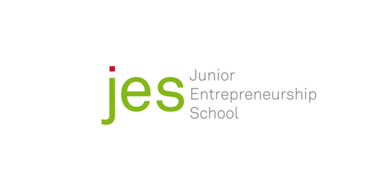 Junior Entrepreneurship School logo: green and gray lettering on white background