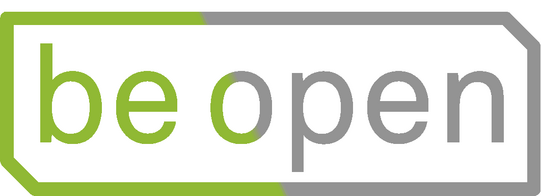 logo von beopen: Umrahmter Schriftzug in grün und grau