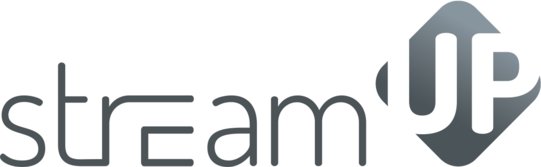 Logo von StreamUp grauer Schriftzug auf weißem Hintergrund