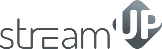 StreamUp logo gray lettering on white background