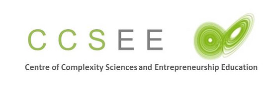 Centre of Complexity Sciences and Entrepreneurship Education Logo Green-Gray lettering on white background.