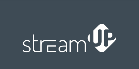 StreamUp logo White lettering on gray background