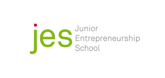 Junior Entrepreneurship School logo: green and gray lettering on white background