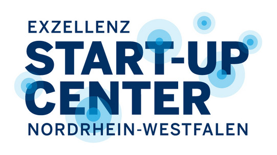 Exzellenz Start-Up Center Logo Blauer Schriftzug und blaue Kreise