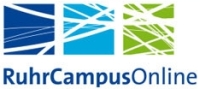 Logo von Ruhr Campus Online: Blauer Schriftzug unter drei blau-grünen Quadraten